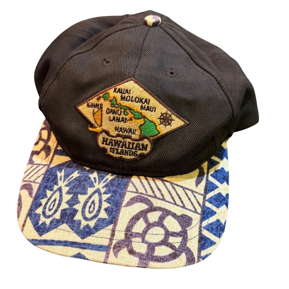 Hawaiian Islands Embroidered Patch Strapback Hat Printed Brim Adjustable Black